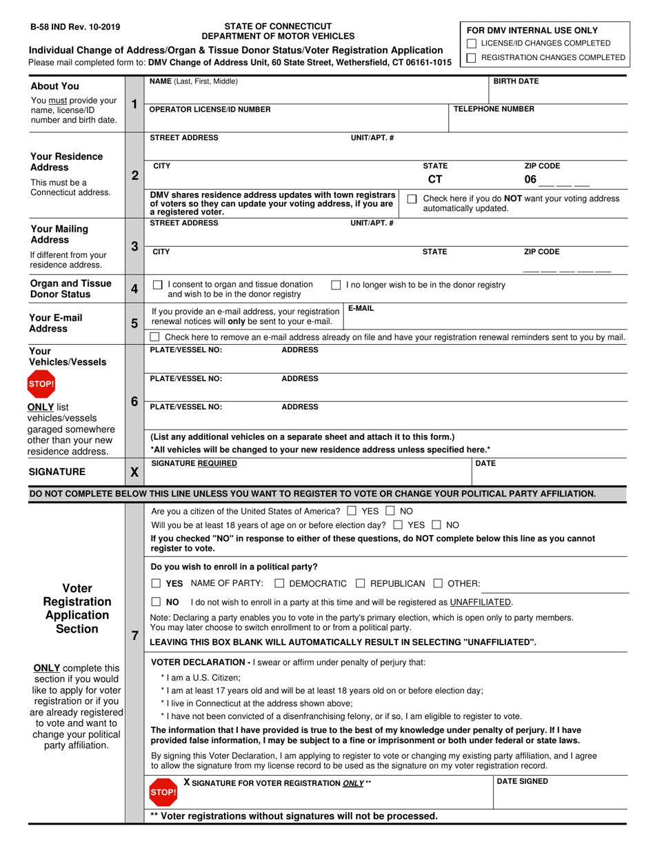 Form B-58 IND Individual Change of Address/Organ  Tissue Donor Status/Voter Registration Application - Connecticut, Page 1