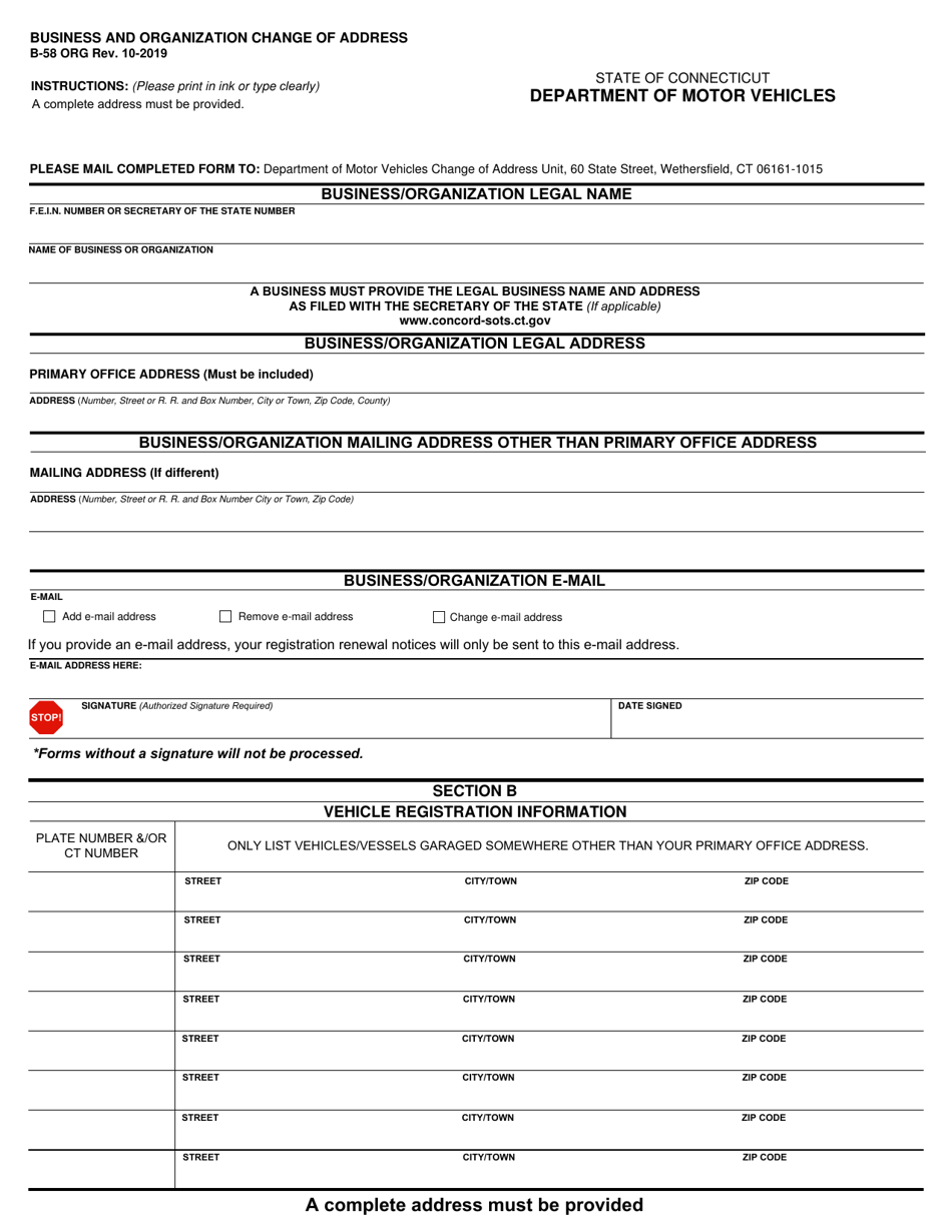 Form B-58 ORG Business and Organization Change of Address - Connecticut, Page 1