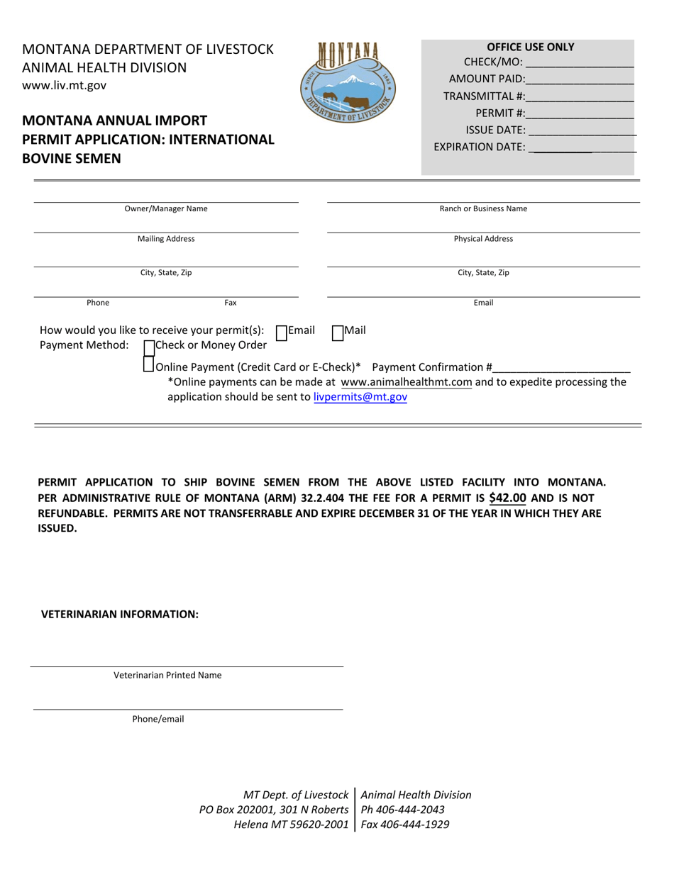 Montana Annual Import Permit Application: International Bovine Semen - Montana, Page 1