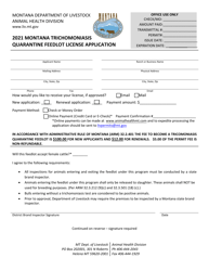 &quot;Montana Trichomoniasis Quarantine Feedlot License Application&quot; - Montana, 2021