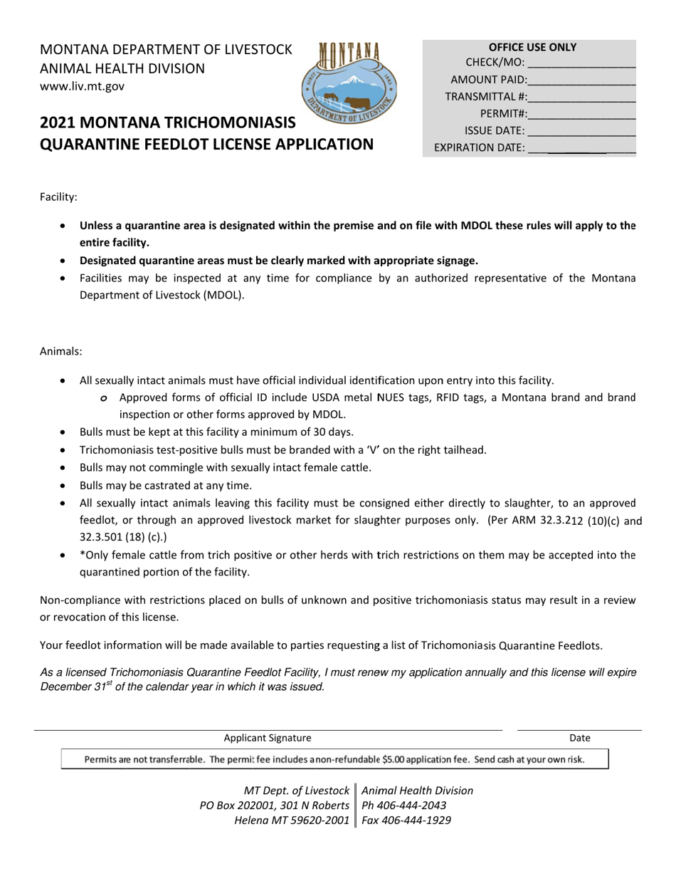 Montana Trichomoniasis Quarantine Feedlot License Application - Montana, Page 2