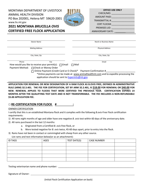 Montana Brucella Ovis Certified Free Flock Application - Montana Download Pdf