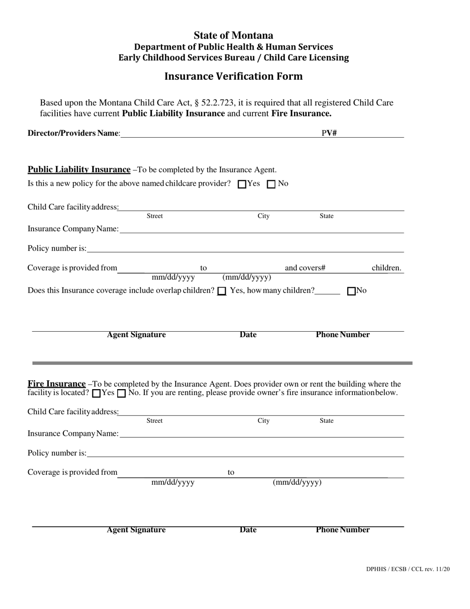 Insurance Verification Form - Montana, Page 1