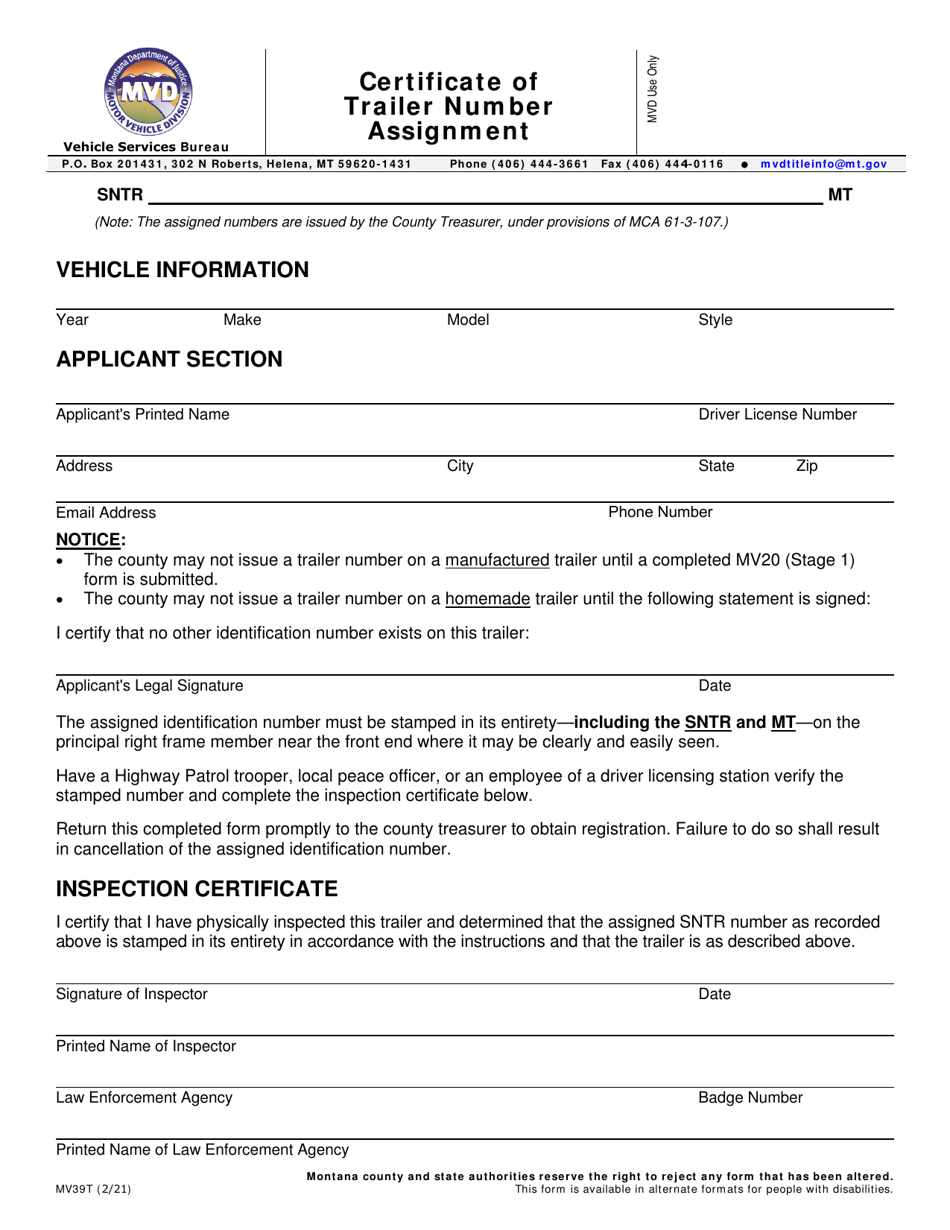 Form MV39T Certificate of Trailer Number Assignment - Montana, Page 1