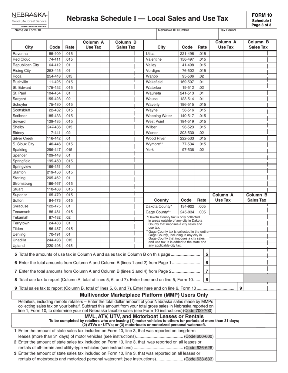 Form 10 Schedule I Local Sales and Use Tax - Nebraska, Page 3