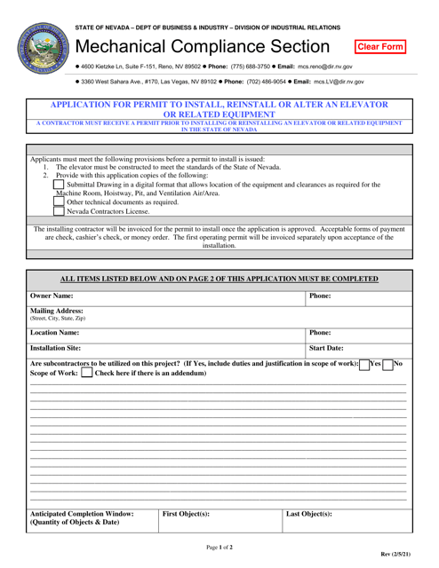 Application for Permit to Install, Reinstall or Alter an Elevator or Related Equipment - Nevada Download Pdf