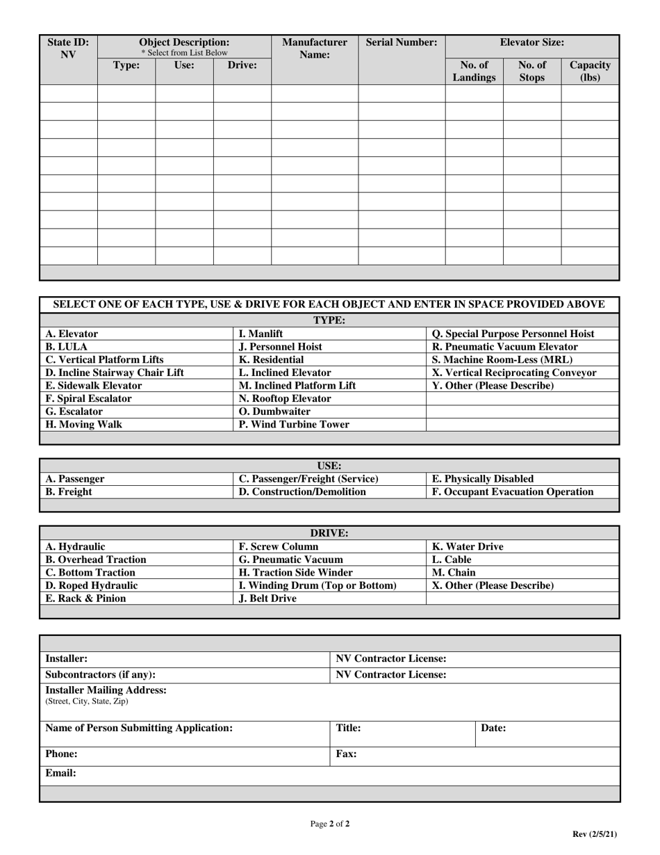 Application for Permit to Install, Reinstall or Alter an Elevator or Related Equipment - Nevada, Page 2
