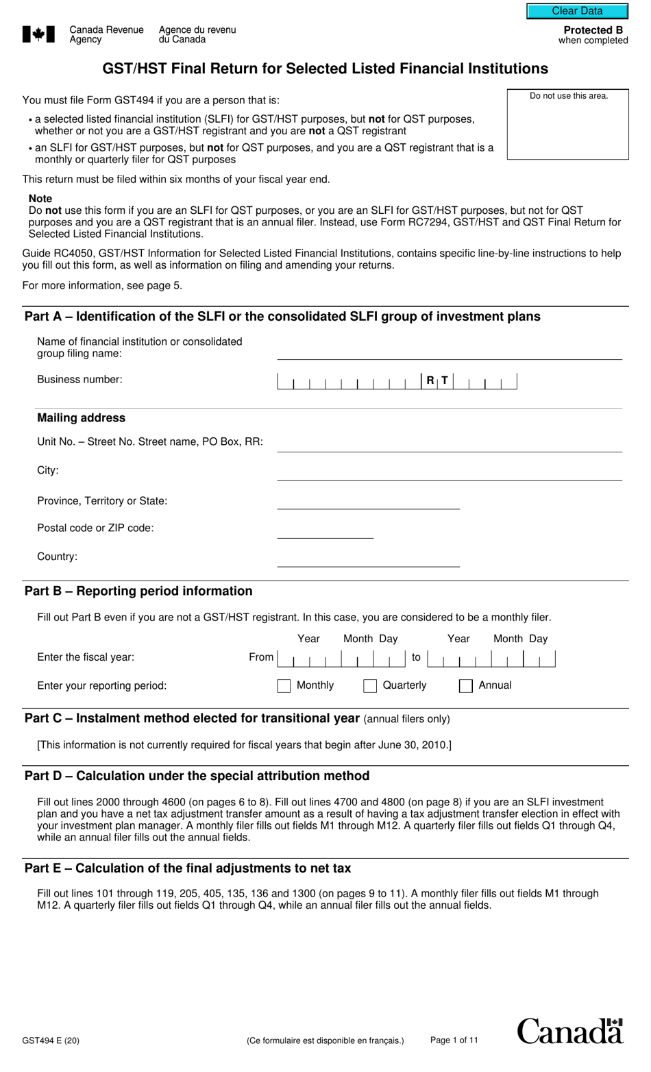 Form GST494 Download Fillable PDF or Fill Online Gst/Hst Final Return