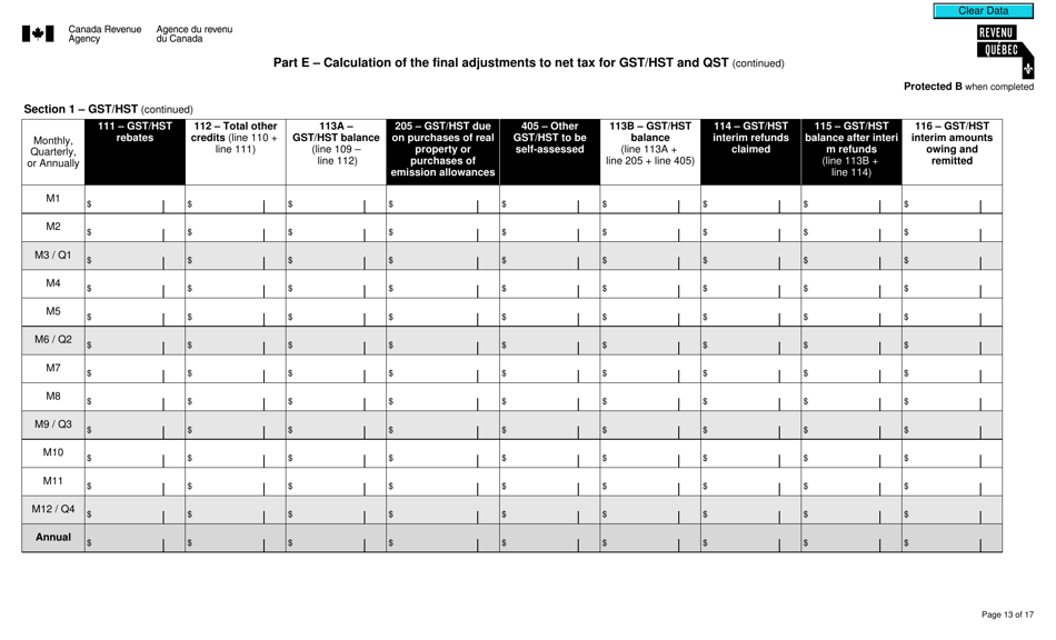 Form RC7294 Gst / Hst and Qst Final Return for Selected Listed Financial Institutions - Canada, Page 13