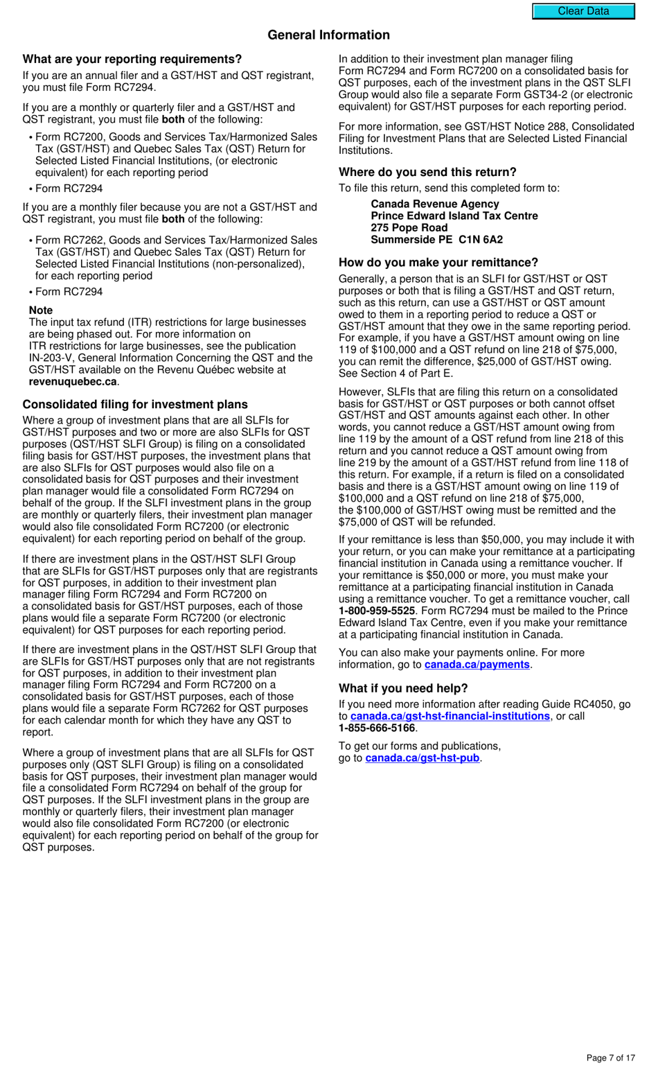 Form RC7294 Gst / Hst and Qst Final Return for Selected Listed Financial Institutions - Canada, Page 7