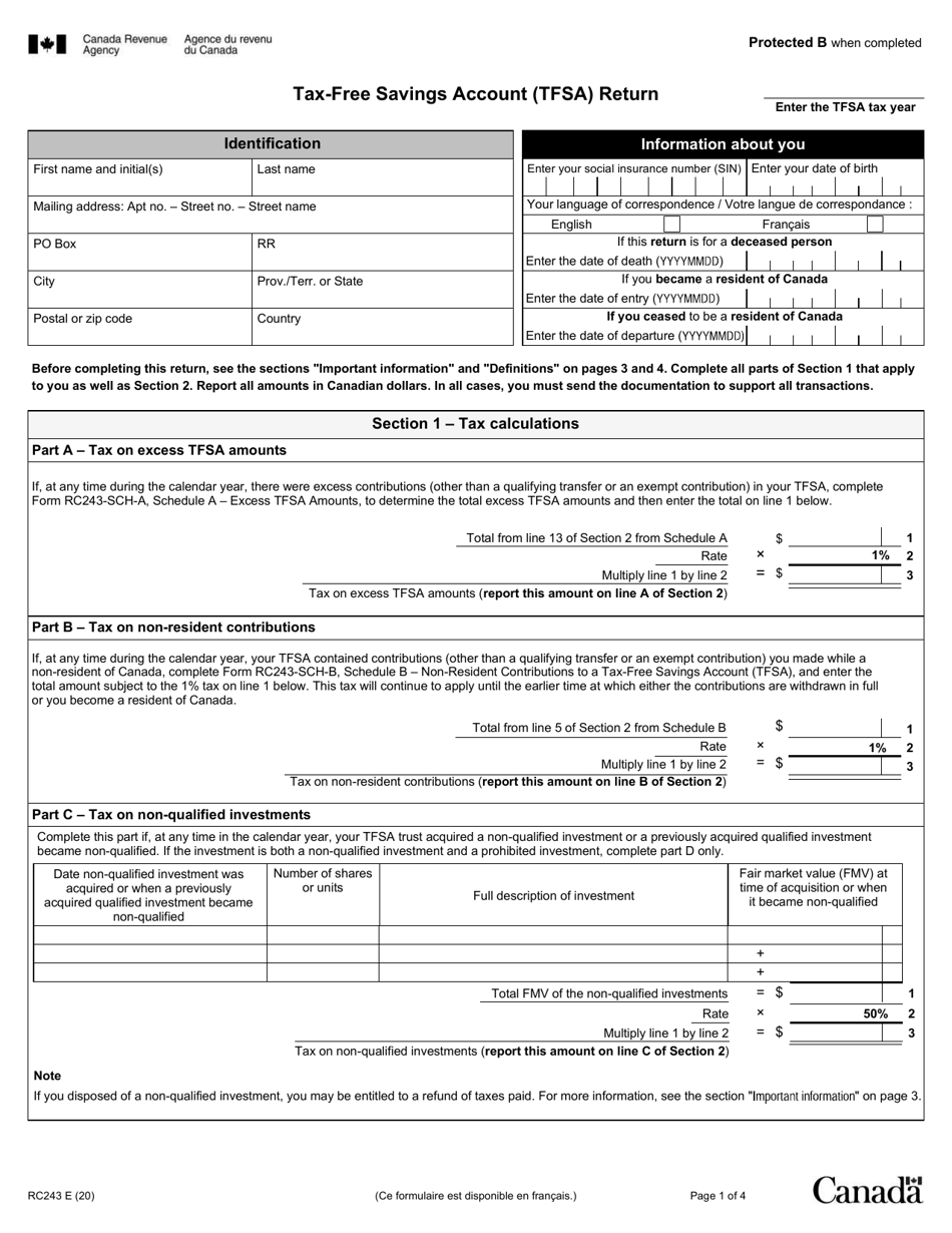 Form RC243 Tax-Free Savings Account (Tfsa) Return - Canada, Page 1