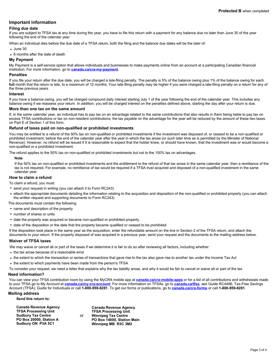Form RC243 Tax-Free Savings Account (Tfsa) Return - Canada, Page 3