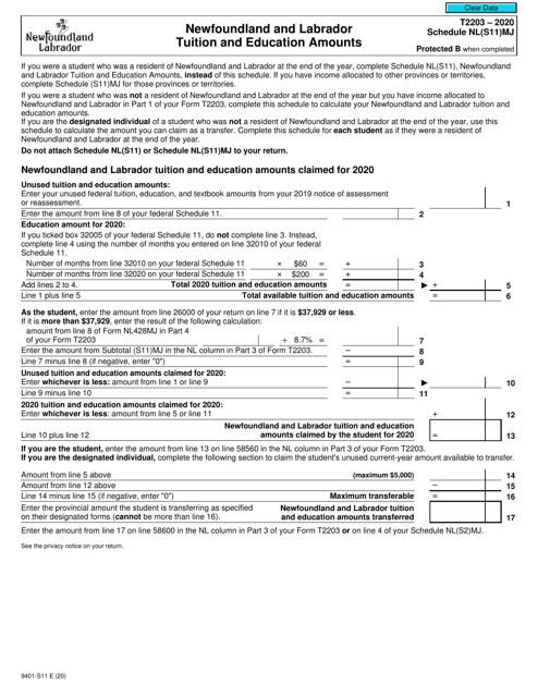 Form T2203 (9401-S11) Schedule NL(S11)MJ 2020 Printable Pdf