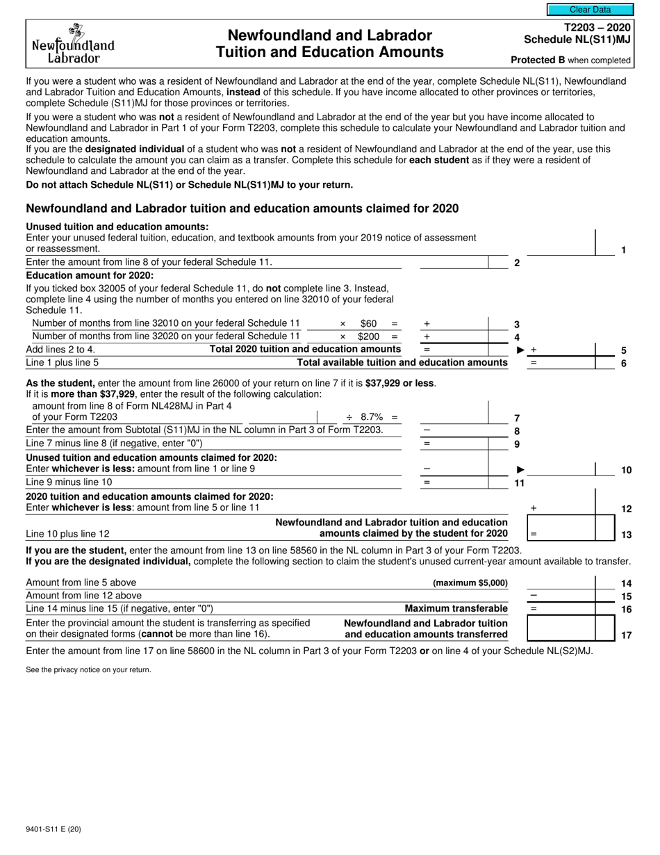 Form T2203 (9401-S11) Schedule NL(S11)MJ Newfoundland and Labrador Tuition and Education Amounts - Canada, Page 1