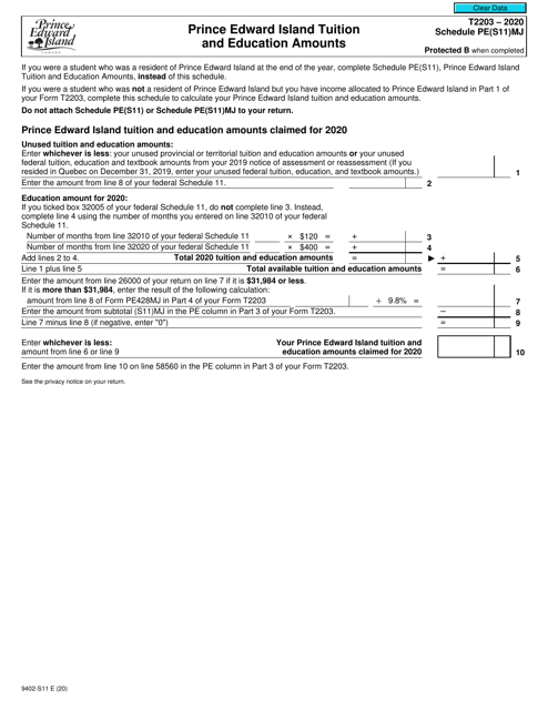 Form T2203 (9402-S11) Schedule PE(S11)MJ 2020 Printable Pdf