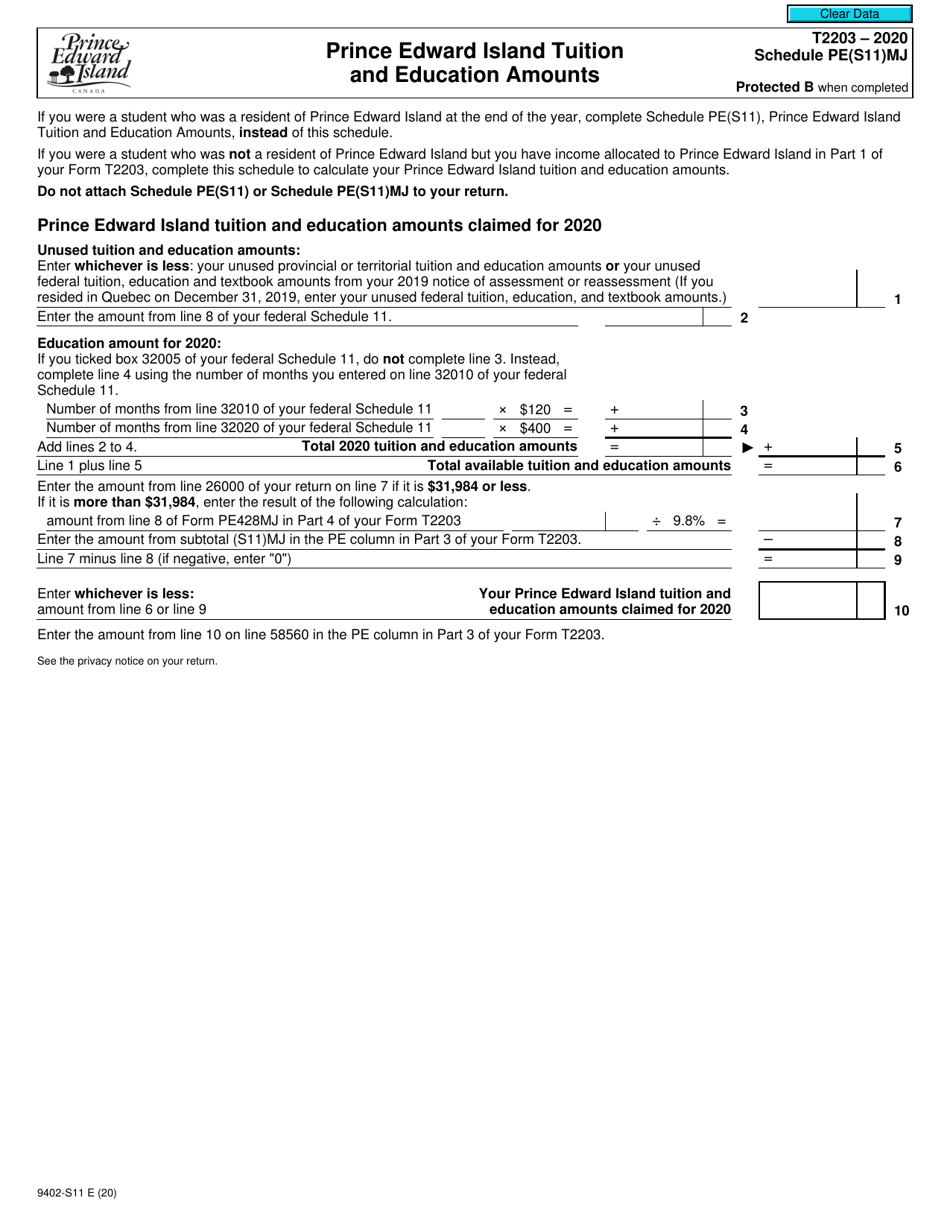 Form T2203 (9402-S11) Schedule PE(S11)MJ Prince Edward Island Tuition and Education Amounts - Canada, Page 1