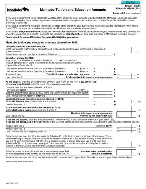 Form T2203 (9407-S11) Schedule MB(S11)MJ 2020 Printable Pdf