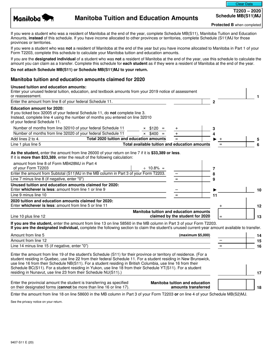 Form T2203 (9407-S11) Schedule MB(S11)MJ Manitoba Tuition and Education Amounts - Canada, Page 1