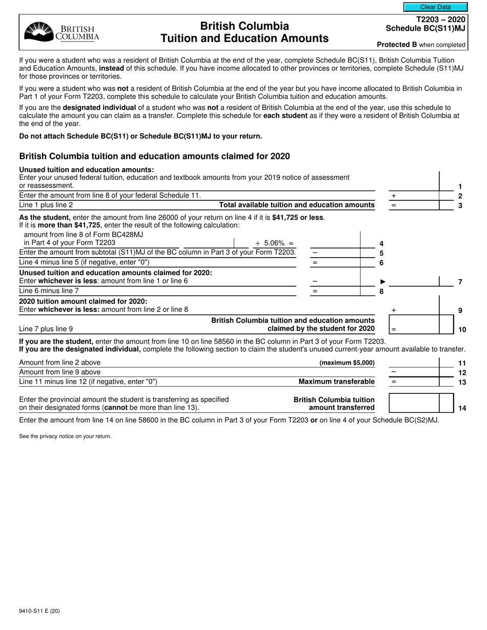 Form T2203 (9410-S11) Schedule BC(S11)MJ British Columbia Tuition and Education Amounts - Canada, Page 1