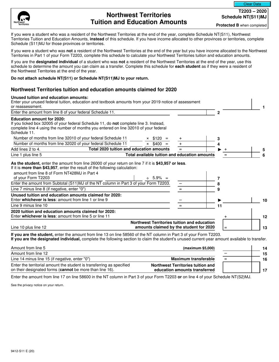 Form T2203 (9412-S11) Schedule NT(S11)MJ Northwest Territories Tuition and Education Amounts - Canada, Page 1