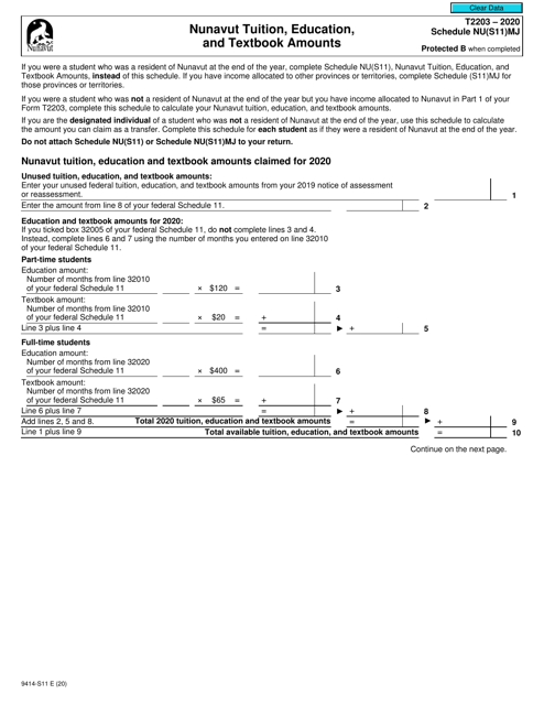 Form T2203 (9414-S11) Schedule NU(S11)MJ 2020 Printable Pdf