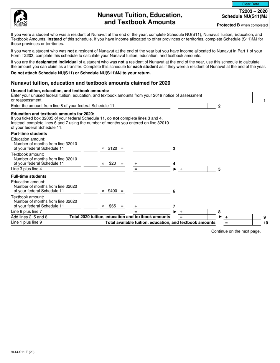 Form T2203 (9414-S11) Schedule NU(S11)MJ Nunavut Tuition, Education, and Textbook Amounts - Canada, Page 1