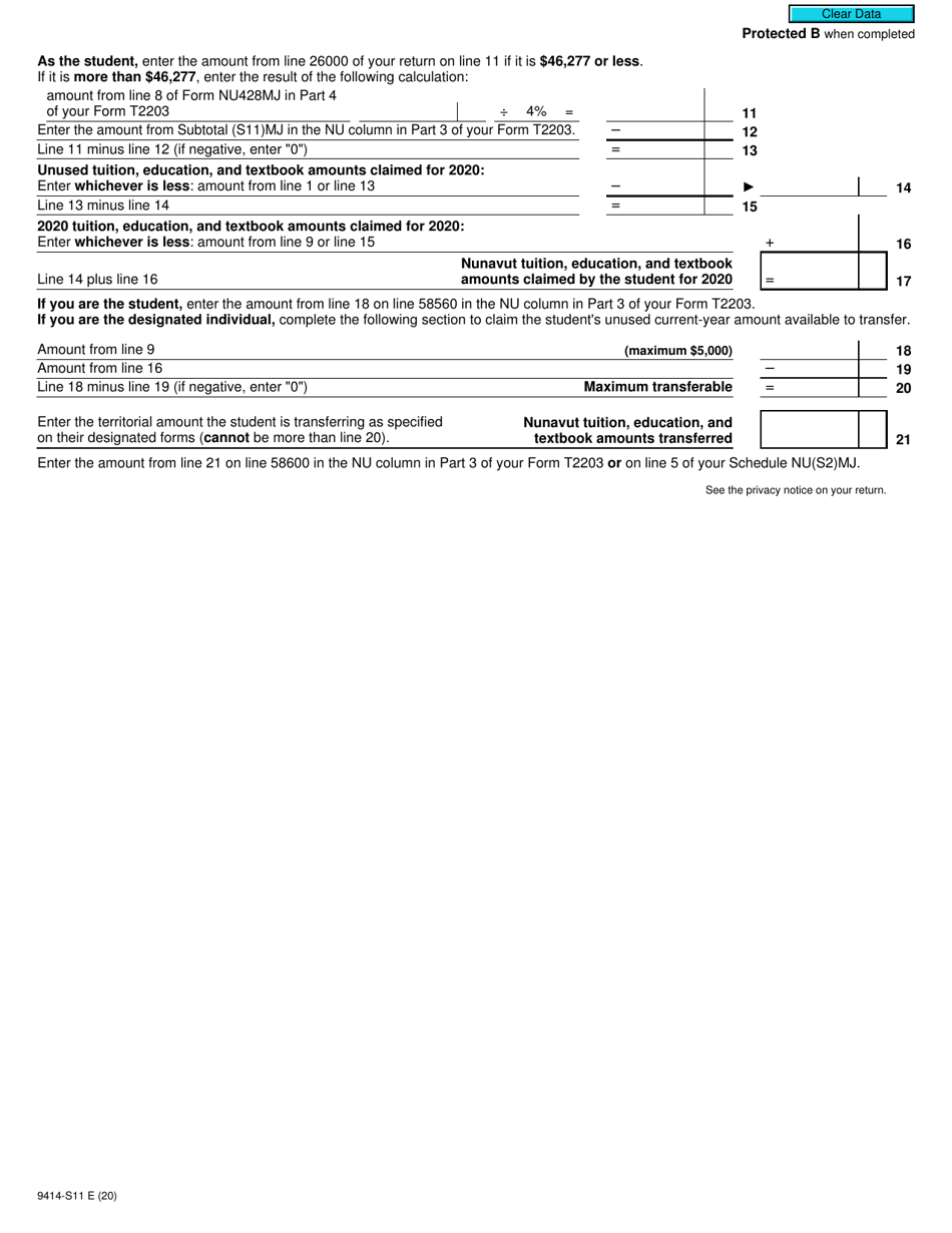 Form T2203 (9414-S11) Schedule NU(S11)MJ Nunavut Tuition, Education, and Textbook Amounts - Canada, Page 2