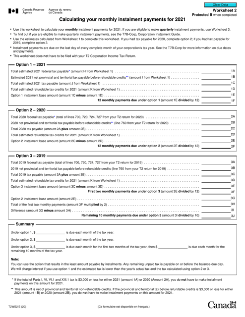 Form T2 Worksheet 2 Calculating Your Monthly Instalment Payments - Canada, 2021