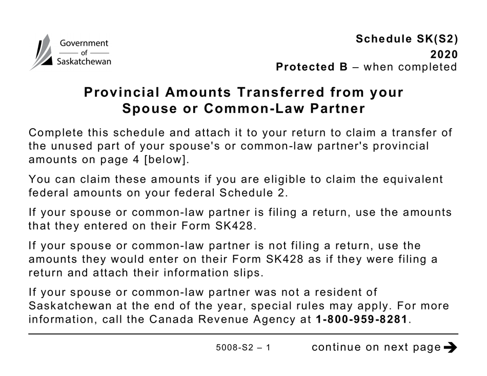 Form 5008-S2 Schedule SK(S2) Provincial Amounts Transferred From Your Spouse or Common-Law Partner - Large Print - Canada, Page 1