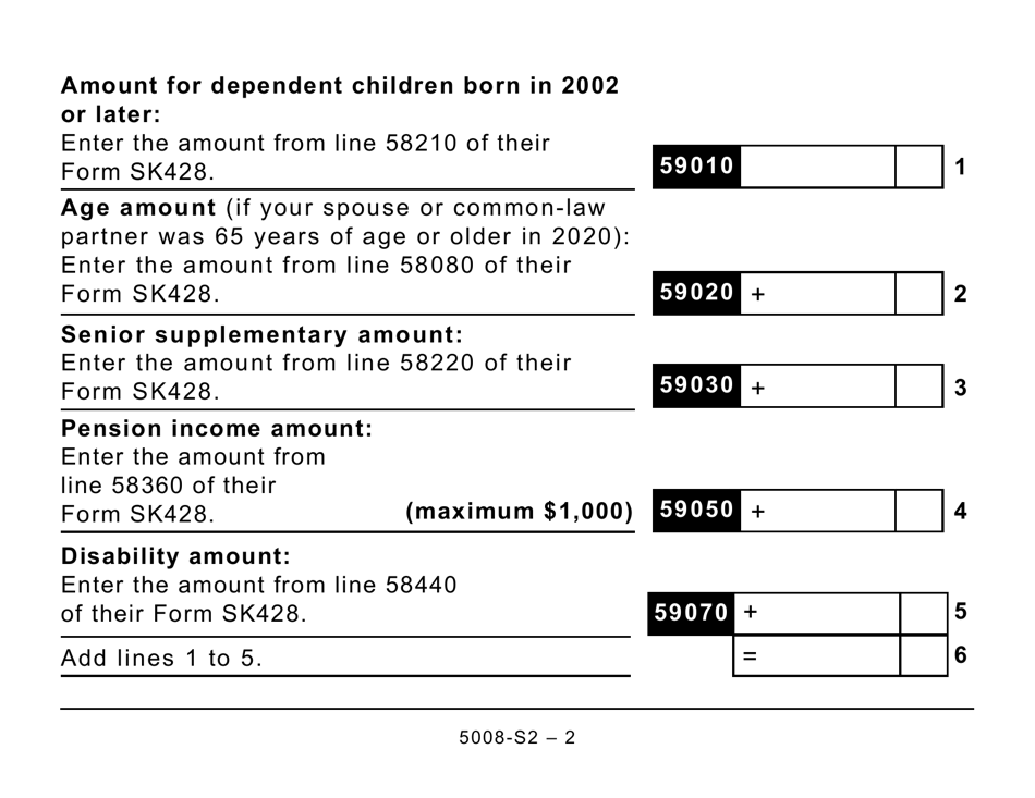 Form 5008-S2 Schedule SK(S2) Provincial Amounts Transferred From Your Spouse or Common-Law Partner - Large Print - Canada, Page 2