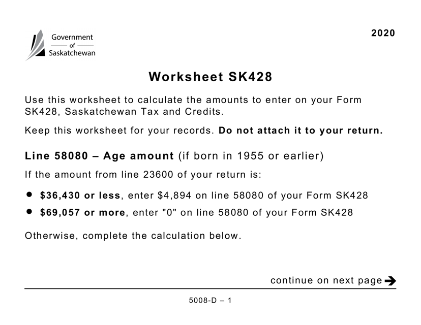 Form 5008-D Worksheet SK428 Saskatchewan - Large Print - Canada, 2020