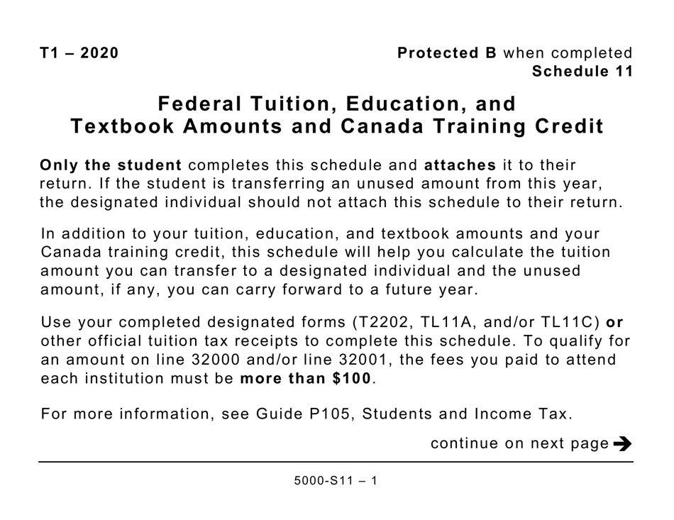 Form 5000-S11 Schedule 11 Federal Tuition, Education, and Textbook Amounts and Canada Training Credit - Large Print - Canada, Page 1