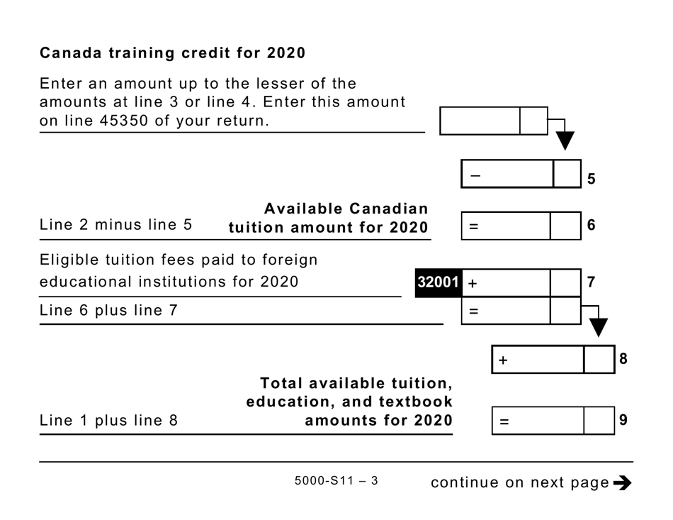 Form 5000-S11 Schedule 11 Federal Tuition, Education, and Textbook Amounts and Canada Training Credit - Large Print - Canada, Page 3