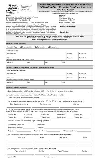 Application for Marked Gasoline and / or Marked Diesel Oil Permit and Levy Exemption Permit and Status as a Bona Fide Farmer - Prince Edward Island, Canada Download Pdf