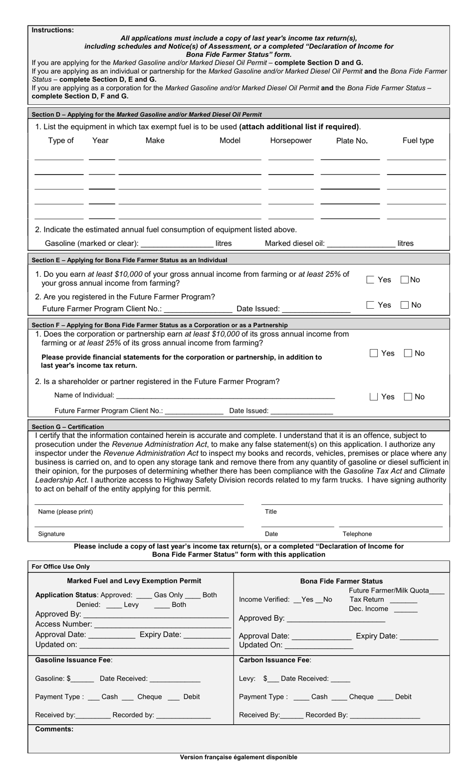 Application for Marked Gasoline and / or Marked Diesel Oil Permit and Levy Exemption Permit and Status as a Bona Fide Farmer - Prince Edward Island, Canada, Page 2