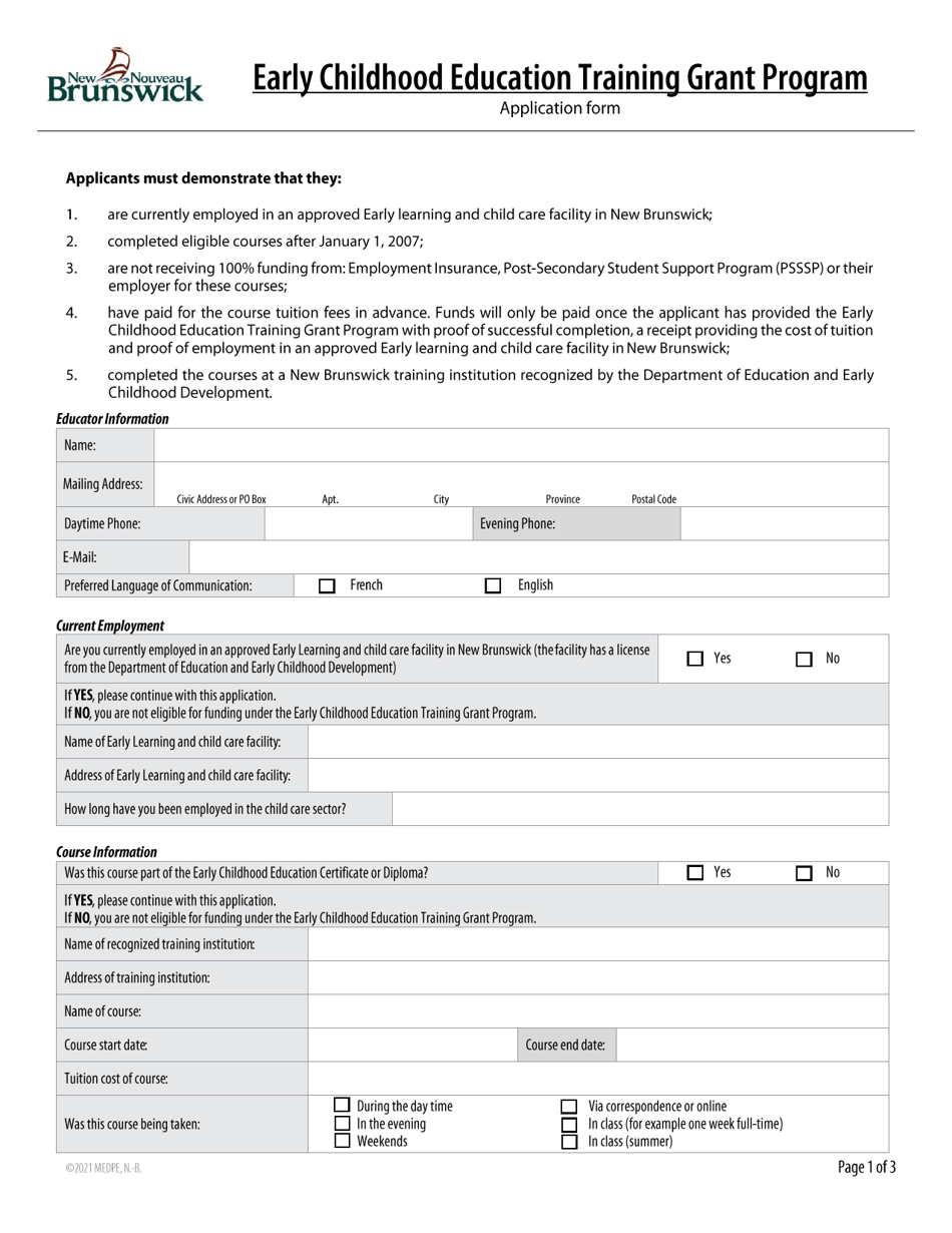 Early Childhood Education Training Grant Program Application Form - New Brunswick, Canada, Page 1
