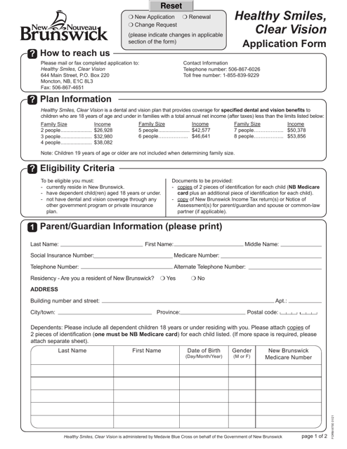 Form 975E Healthy Smiles, Clear Vision Application Form - New Brunswick, Canada