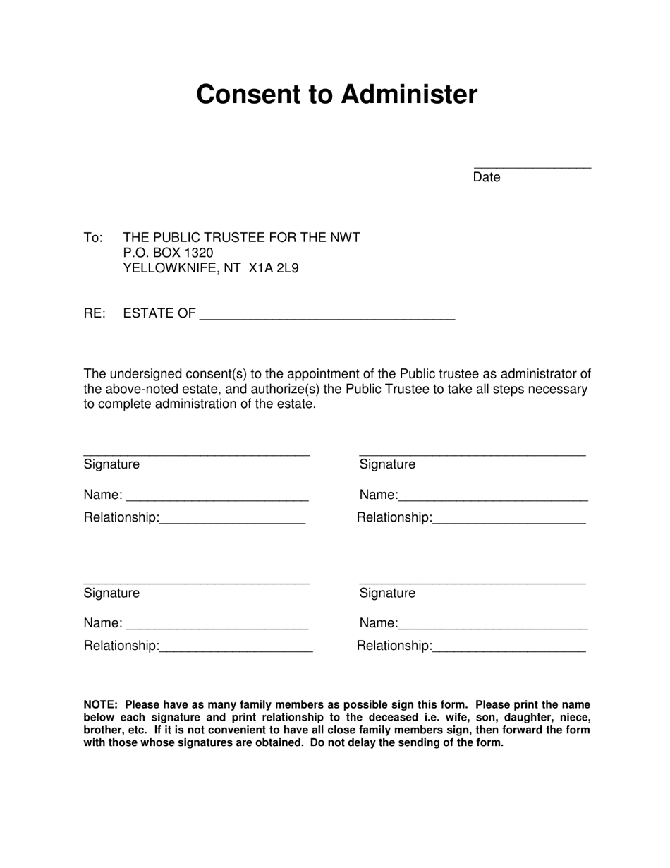 Consent to Administer - Northwest Territories, Canada, Page 1