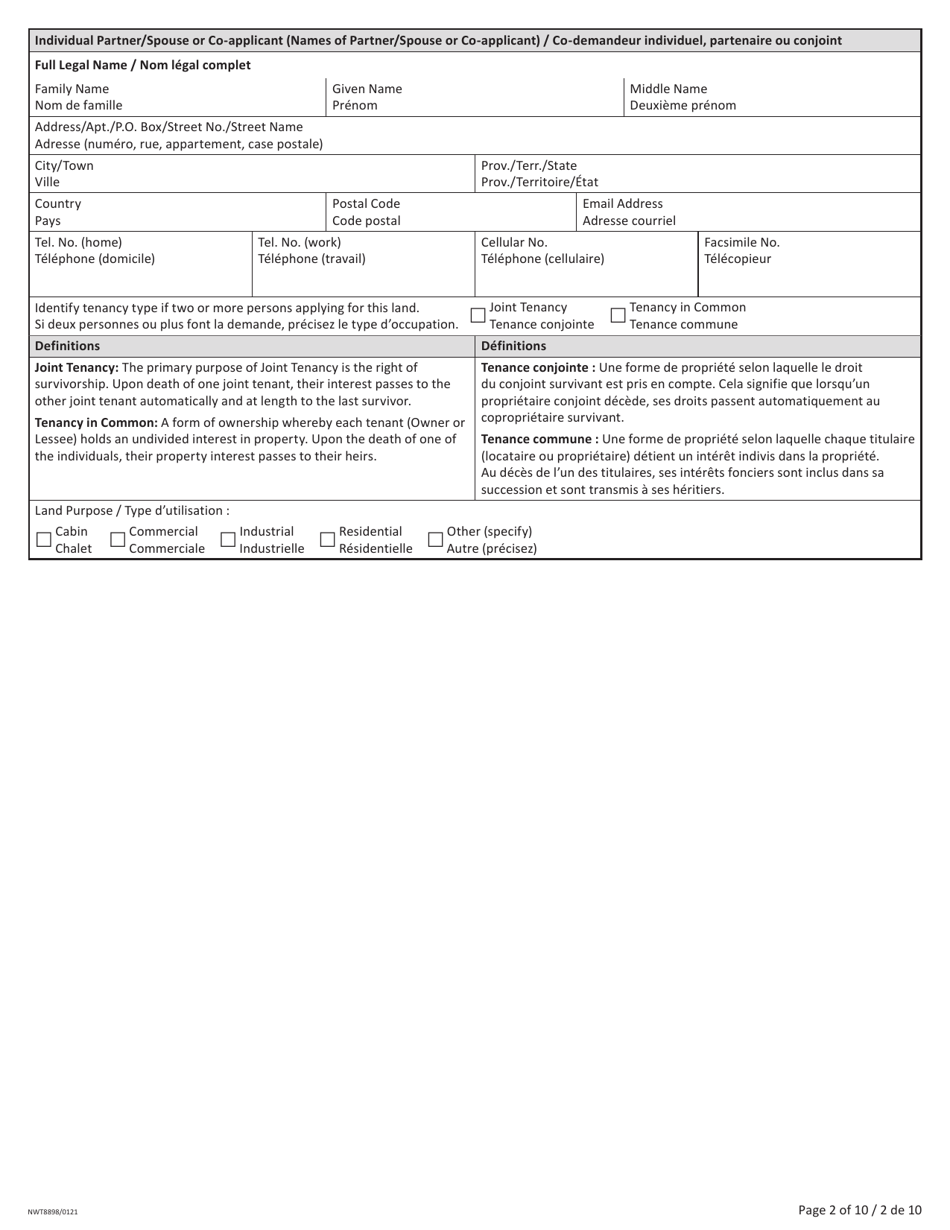 Form NWT8898 Application for Territorial Lands - Northwest Territories, Canada (English / French), Page 2