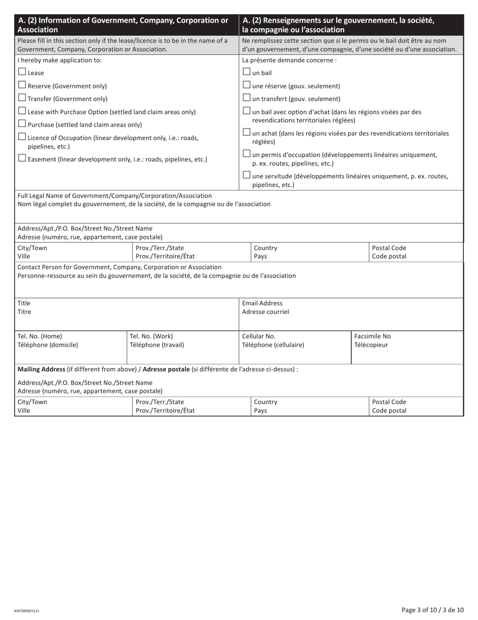 Form NWT8898 Application for Territorial Lands - Northwest Territories, Canada (English / French), Page 3