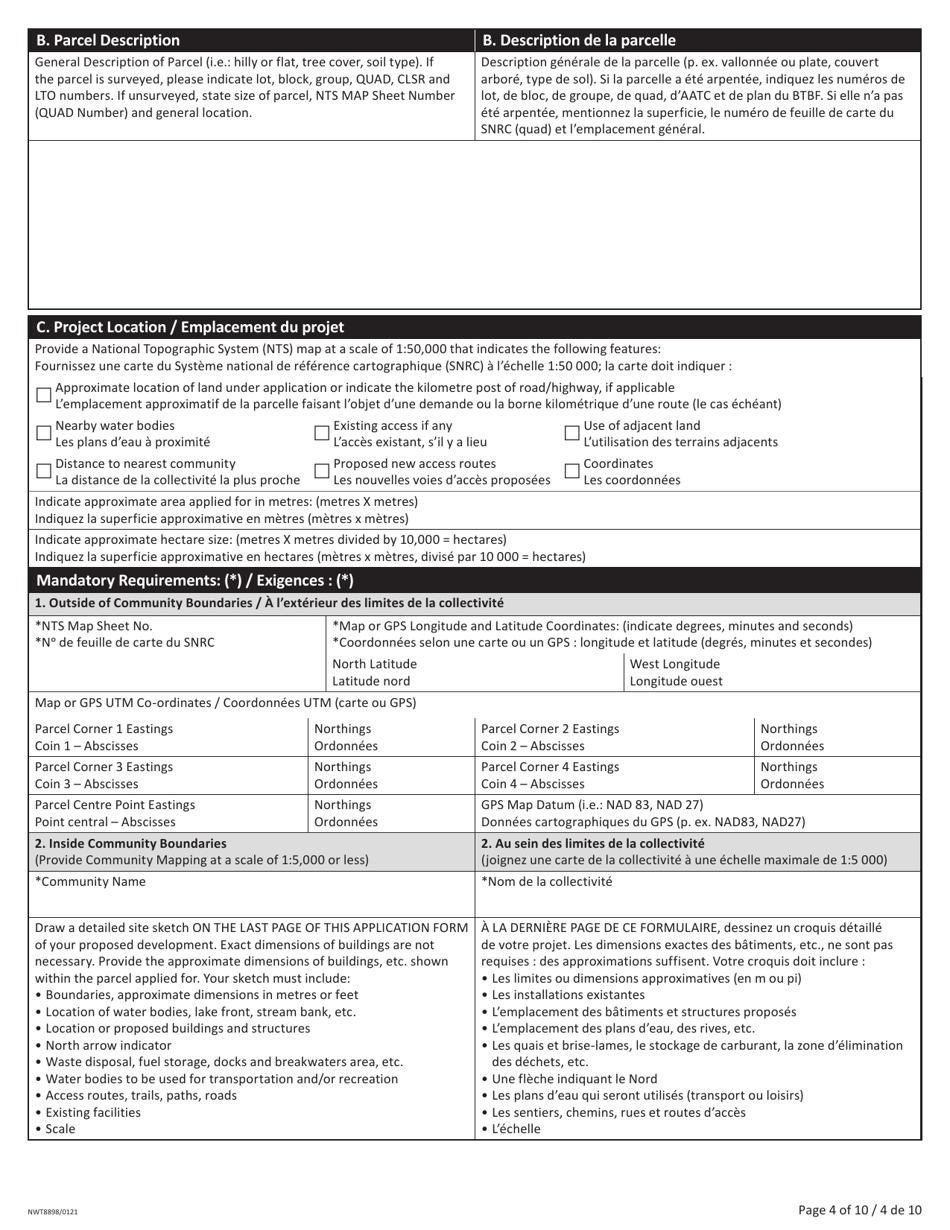 Form NWT8898 Application for Territorial Lands - Northwest Territories, Canada (English / French), Page 4