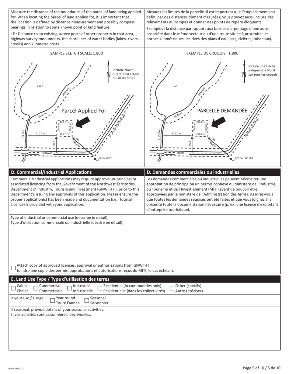 Form NWT8898 Application for Territorial Lands - Northwest Territories, Canada (English / French), Page 5