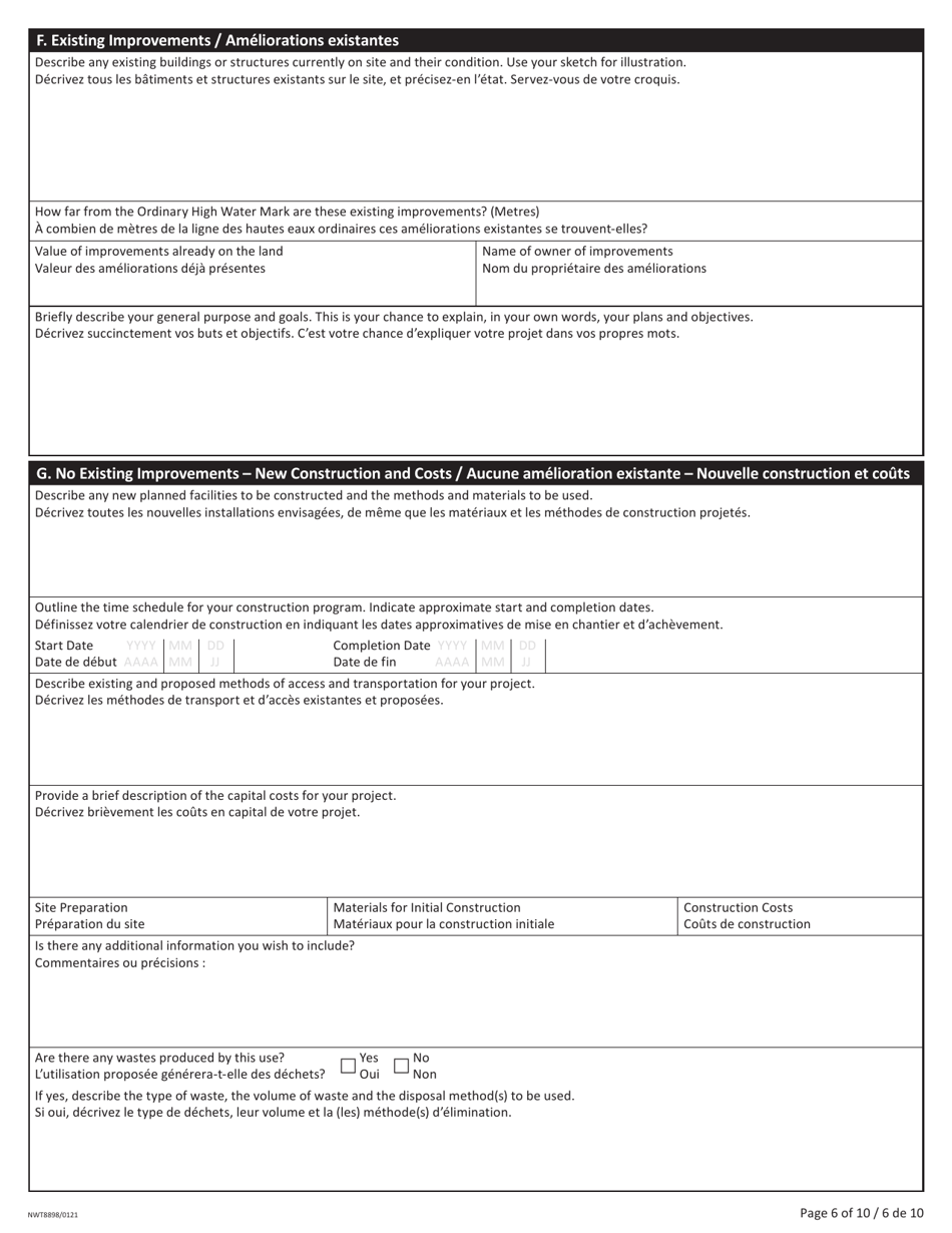 Form NWT8898 Application for Territorial Lands - Northwest Territories, Canada (English / French), Page 6