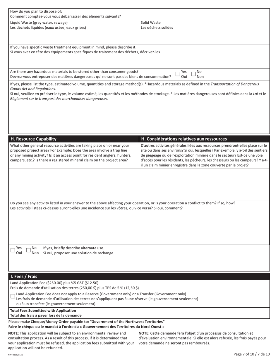 Form NWT8898 Application for Territorial Lands - Northwest Territories, Canada (English / French), Page 7
