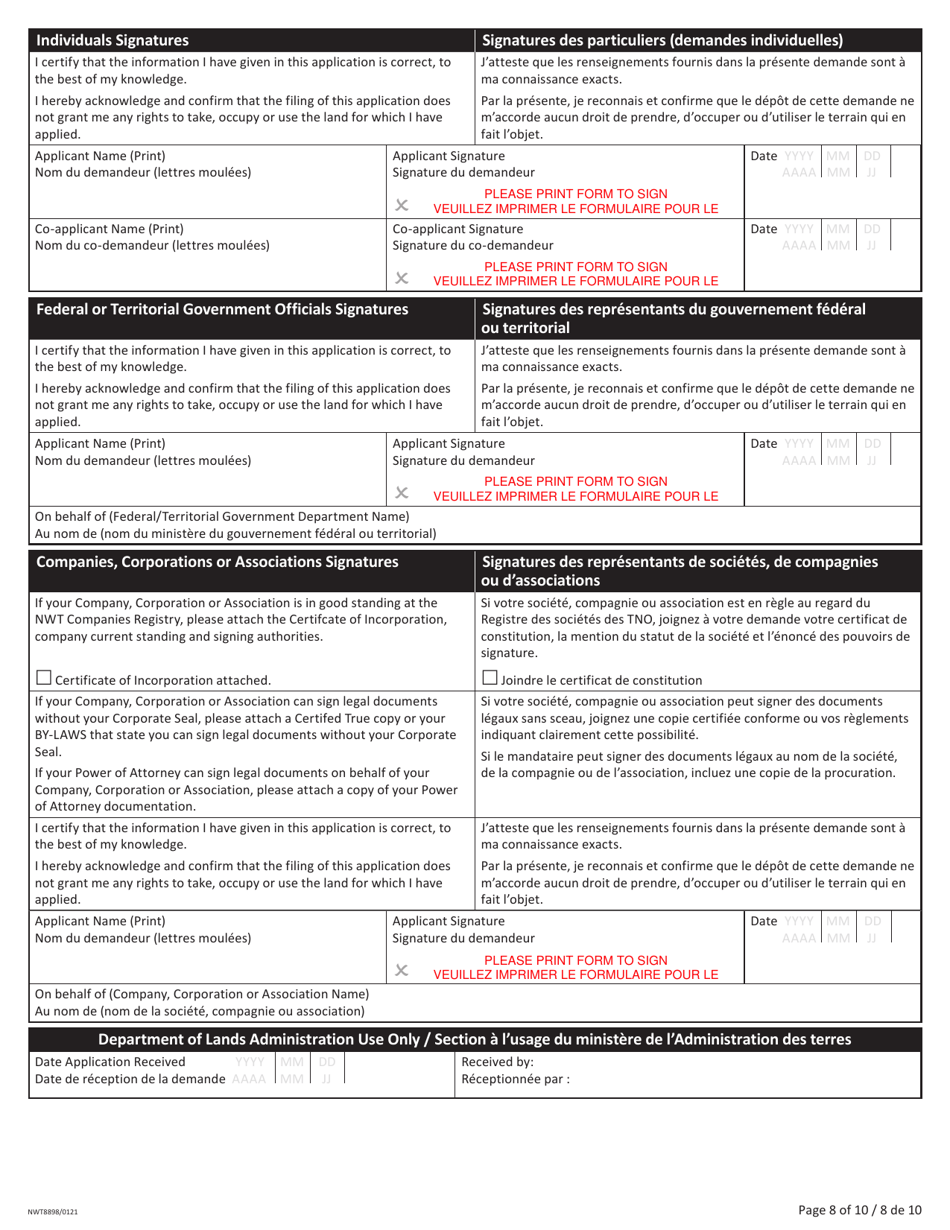 Form NWT8898 Application for Territorial Lands - Northwest Territories, Canada (English / French), Page 8