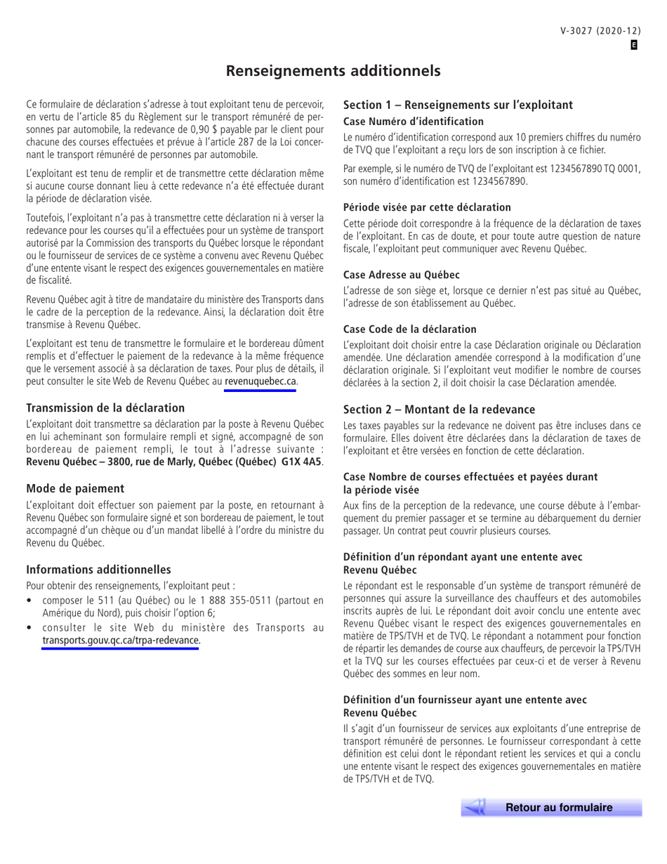 Forme V-3027 Declaration De La Redevance Pour Le Transport Remunere De Personnes Par Automobile - Quebec, Canada (French), Page 2
