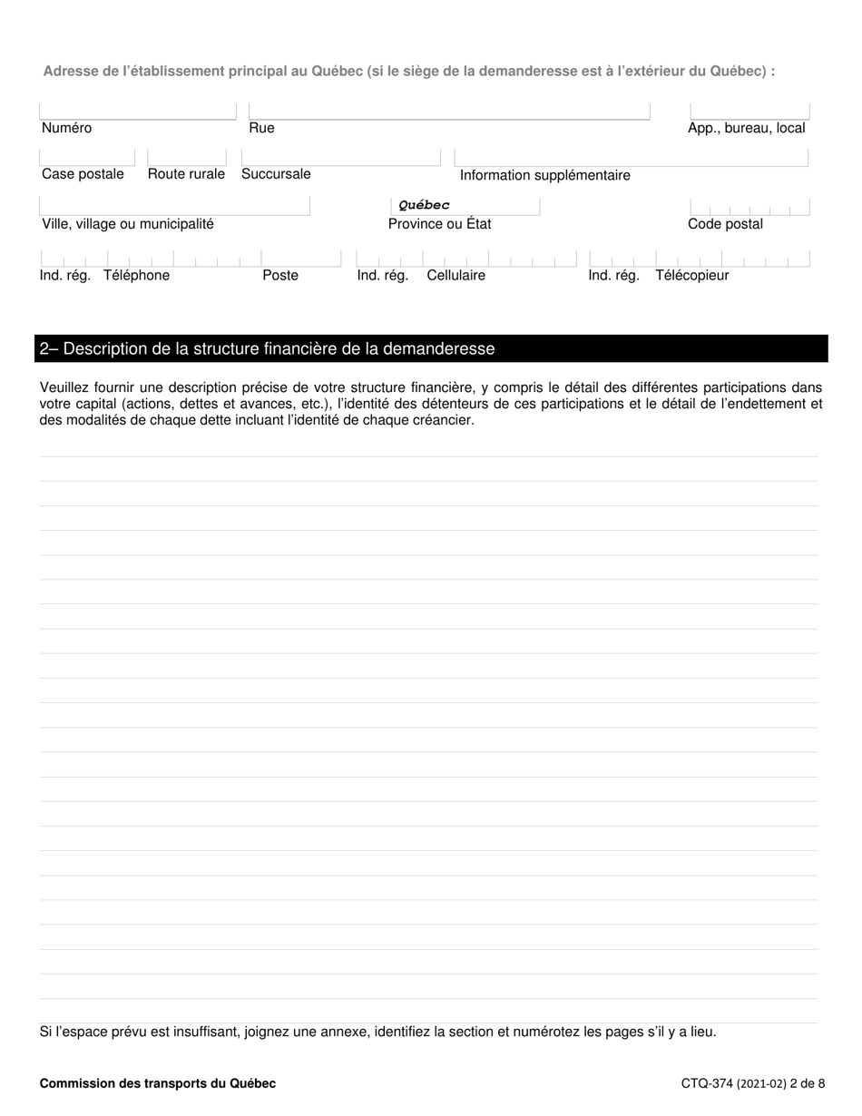 Forme CTQ-374 Autorisation Dexploiter Un Systeme De Transport - Quebec, Canada (French), Page 2