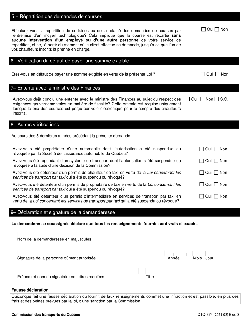 Forme CTQ-374 Autorisation Dexploiter Un Systeme De Transport - Quebec, Canada (French), Page 6
