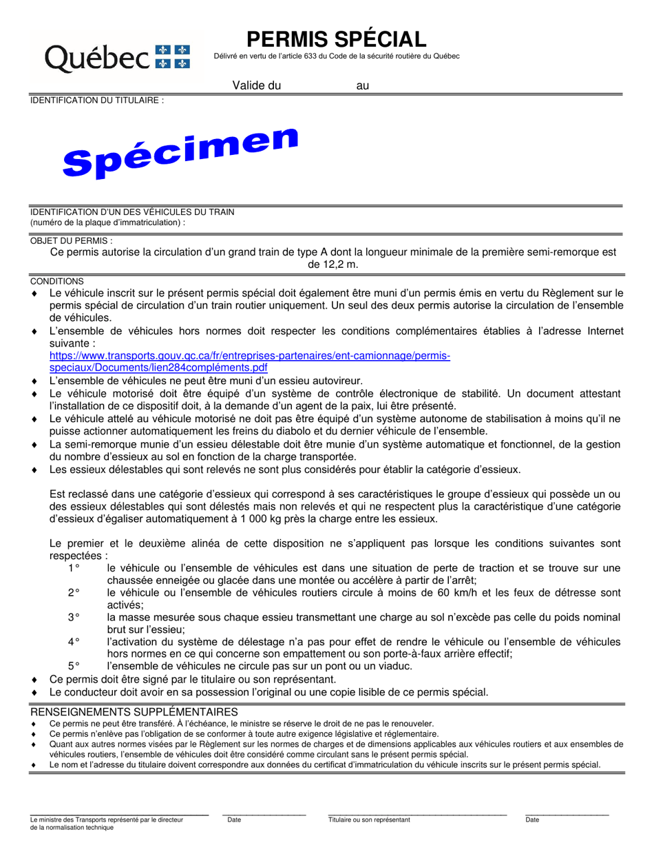 Permis Special - Quebec, Canada (French), Page 1