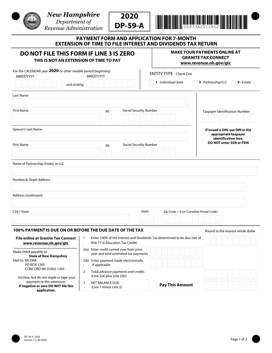 Form DP-59-A Payment Form and Application for 7-month Extension of Time to File Interest and Dividends Tax Return - New Hampshire, Page 1